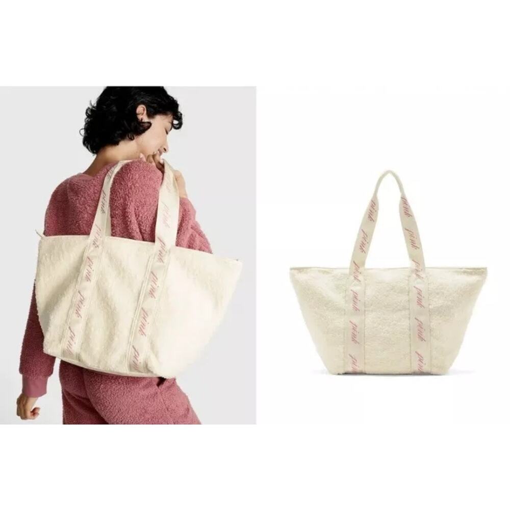 VICTORIA'S SECRET PINK COZY PLUS BEIGE TOTE PURSE BAG TRAVEL CUTE ZIPPERED 16X22